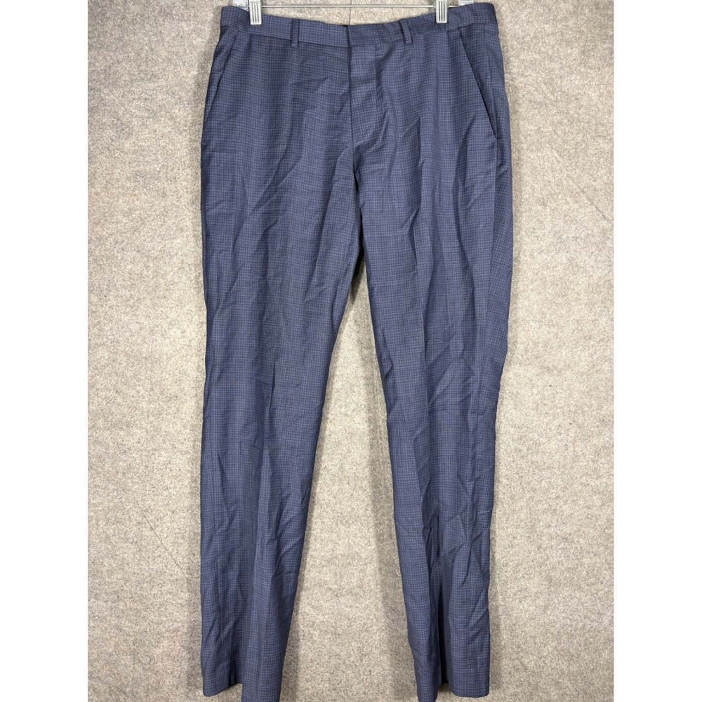 Hugo Boss Mens Blue Micro Check Slim Fit Dress Pants Trousers 32R 32x32